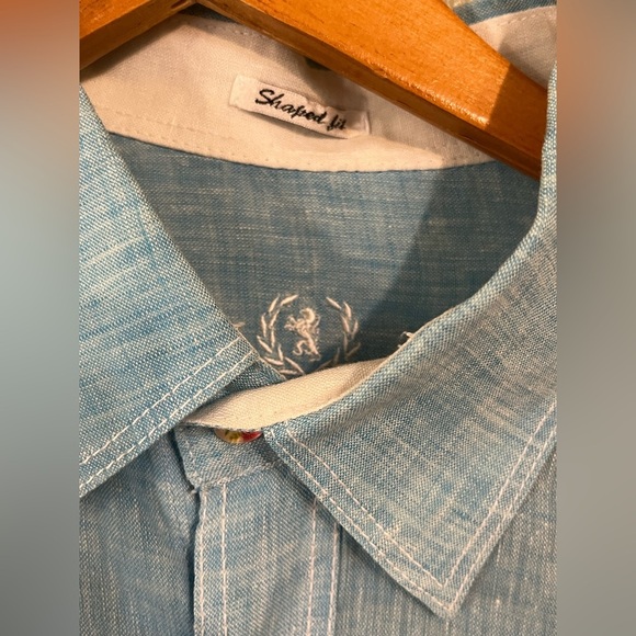 Bugatchi Shaped Fit 100% Linen Light Blue Button-Up Shirt Roll Top Sleeves M - Picture 5 of 13